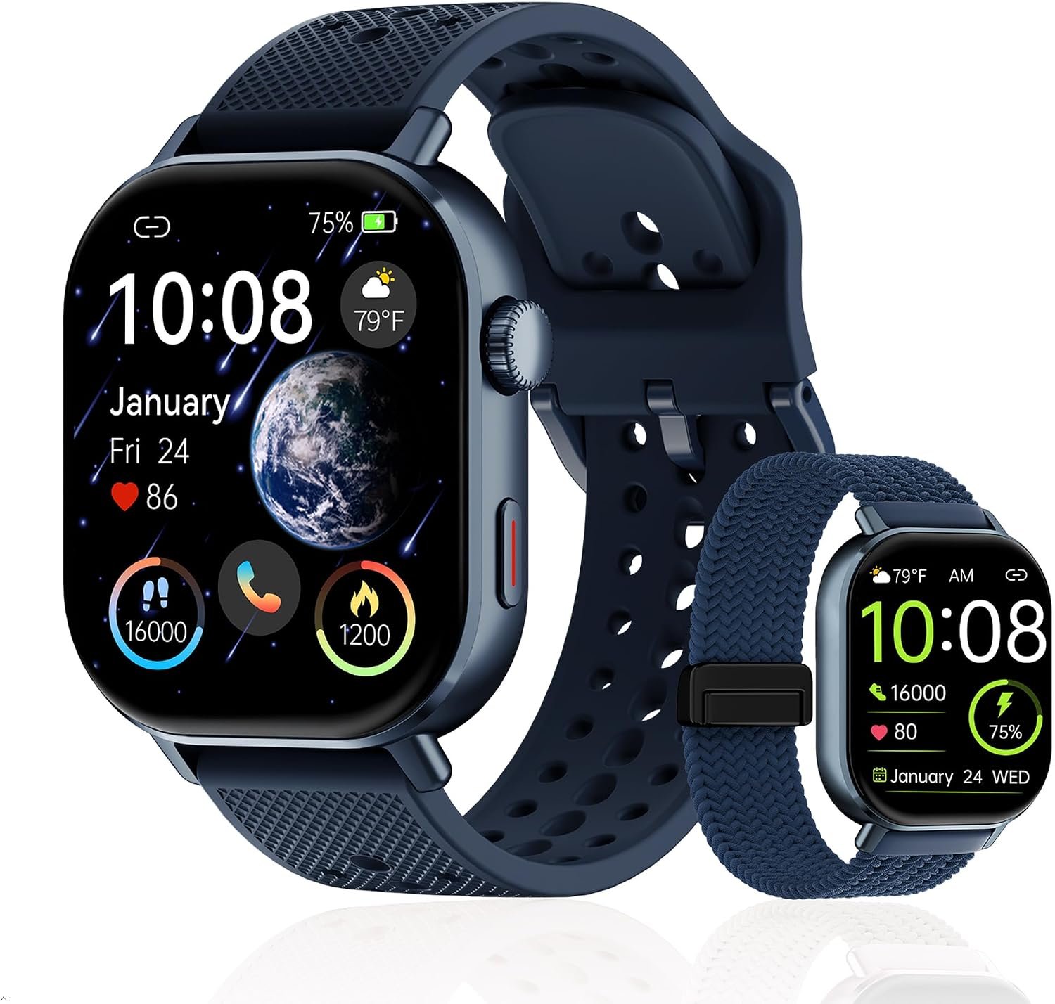 2026 Distance & Pace GPS Running Watch for Runners – Call & Text, AMOLED Large Screen, 50m Waterproof Swimming, Calorie & Step Counter, 2 Bands, Long Battery, for Seniors Men Women（Blue）