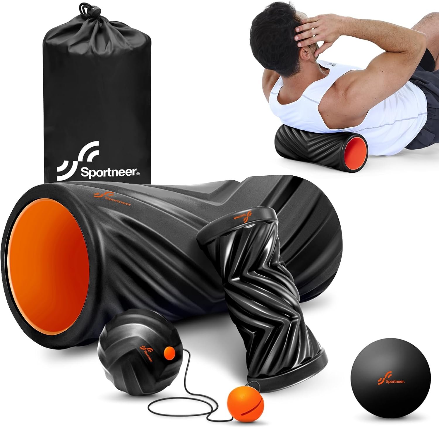 Sportneer 4 in 1 Foam Set, Muscle Relax Kit with 2 Textured Foam Pilates Rollers, Stringed Exercise Ball, Lacrosse Ball for Muscle Shoulder Back Leg Whole Body Relax Fitness Yoga