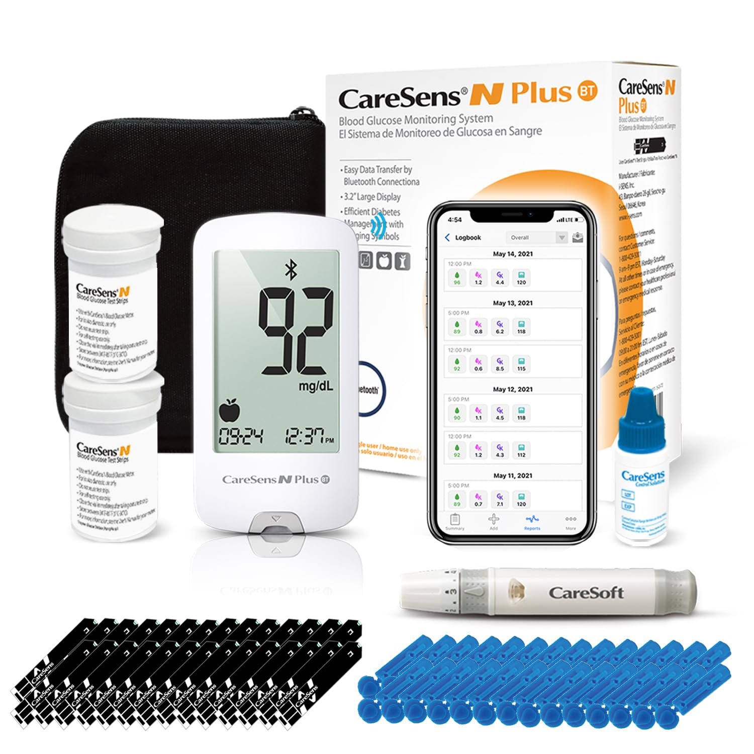 CareSens N Plus Bluetooth Blood Glucose Monitor Kit with 100 Blood Sugar Test Strips, 100 Lancets, 1 Blood Glucose Meter, 1 Lancing Device, Travel Case for Diabetes Testing Kit (Auto-Coding Glucometer kit with 1 Control Solution) for Personal Use