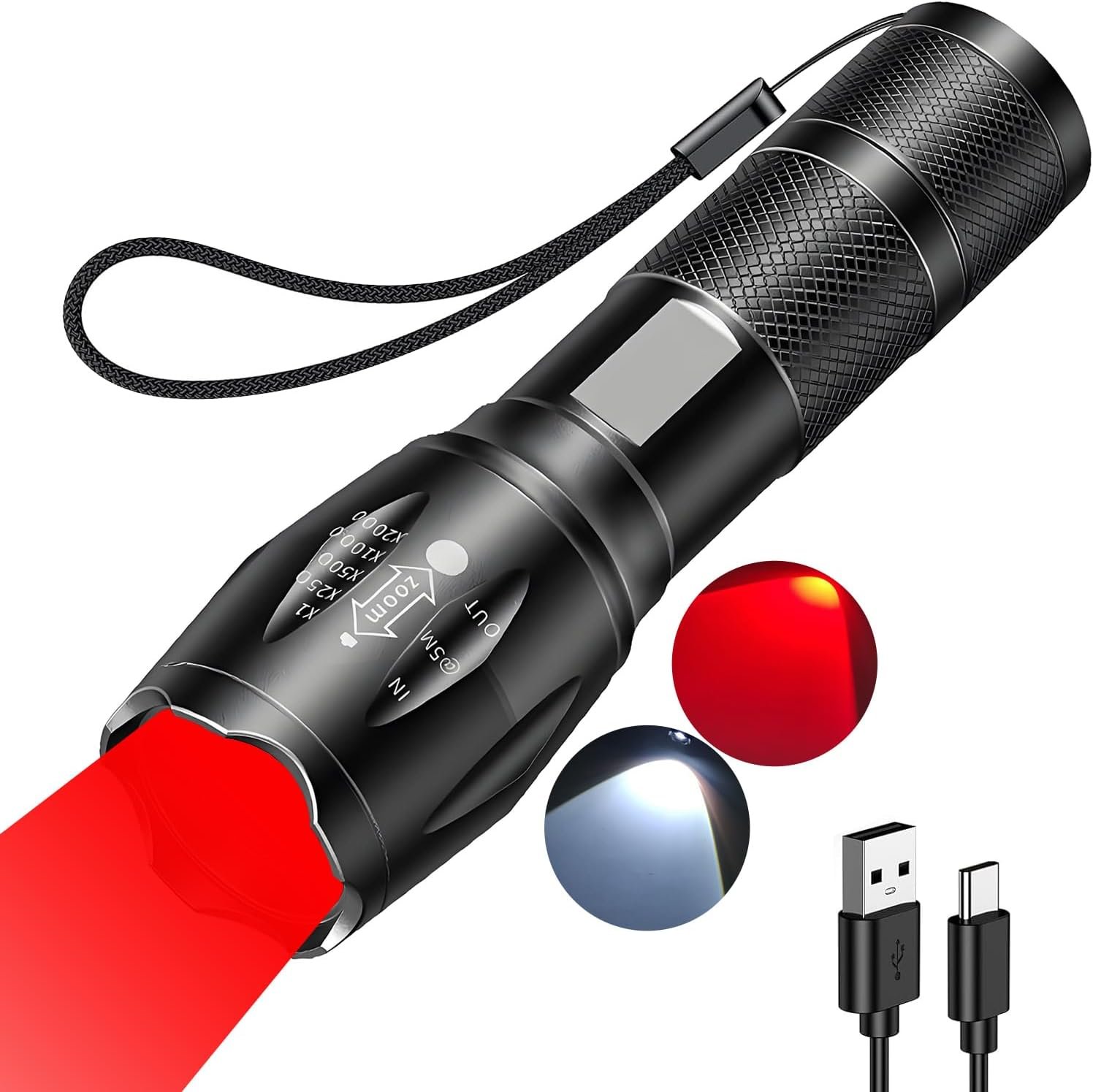Rechargeable Red Light Flashlight, Red and White LED Combo, 2000 Lumens Zoomable USB-C Flashlight, Compact Water Resistant Flashlight for Camping, Hiking, Emergency, Night Observation