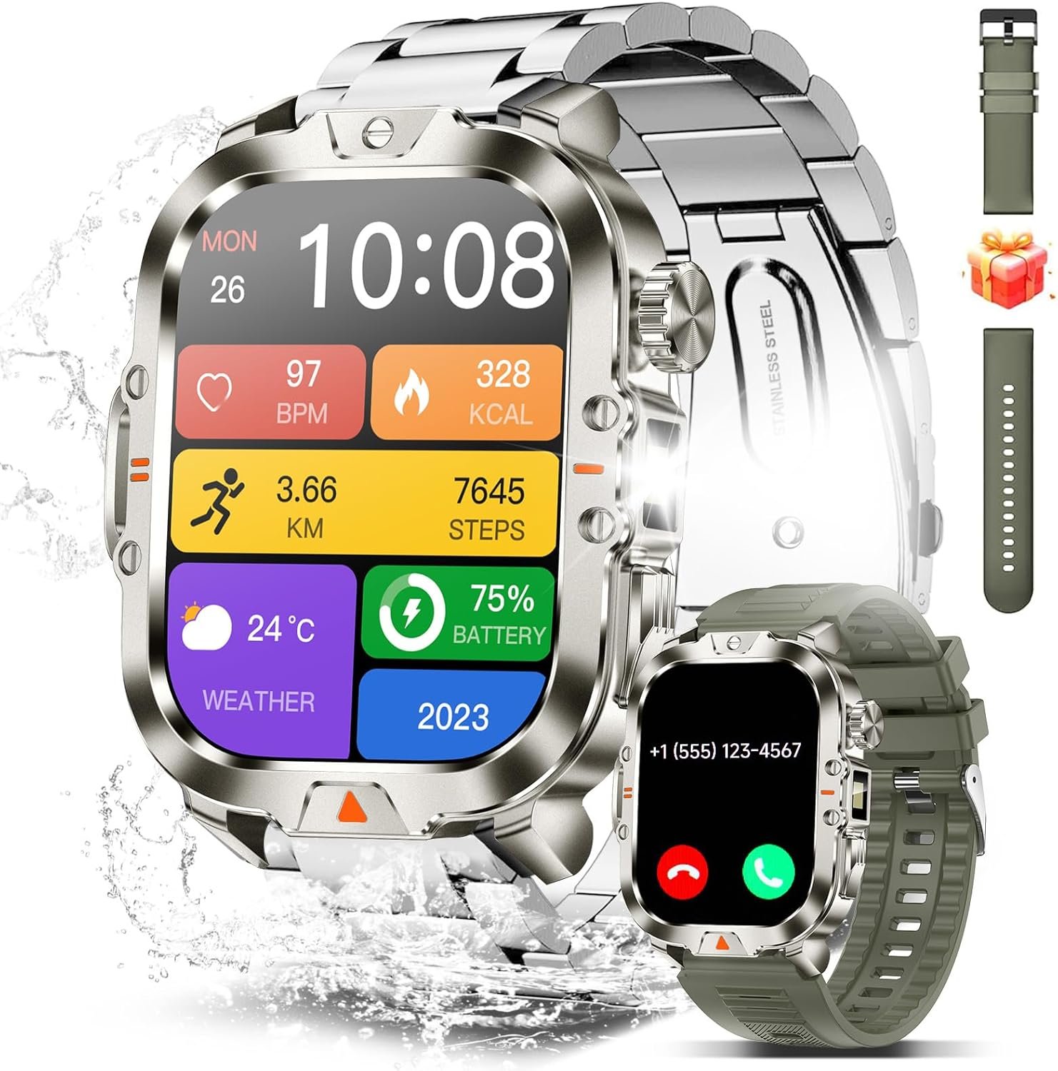 Smart Watch for Men Military Answer/Make Call 2.01″ Display 170+ Sports Modes Fitness Smart Watch IP68 Waterproof 30 Days Standby Smartwatch for Android iOS Silver (2 Straps)