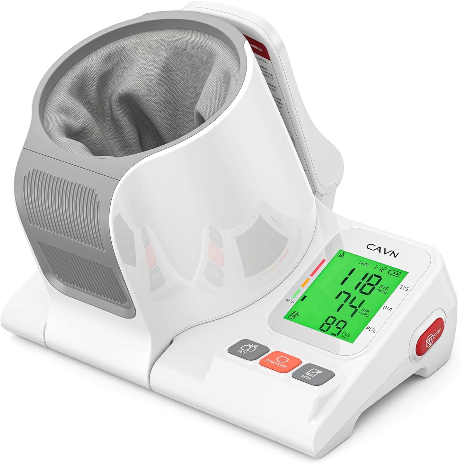 CAVN Blood Pressure Monitor, One-Touch Barrel-Type Upper Arm Blood Pressure Monitors for Home Use, No-Wrap Auto-Fit Design, Fits Arms 7.1″-16.5″, 3-Color Backlight, 2 Users 2×99 Memory