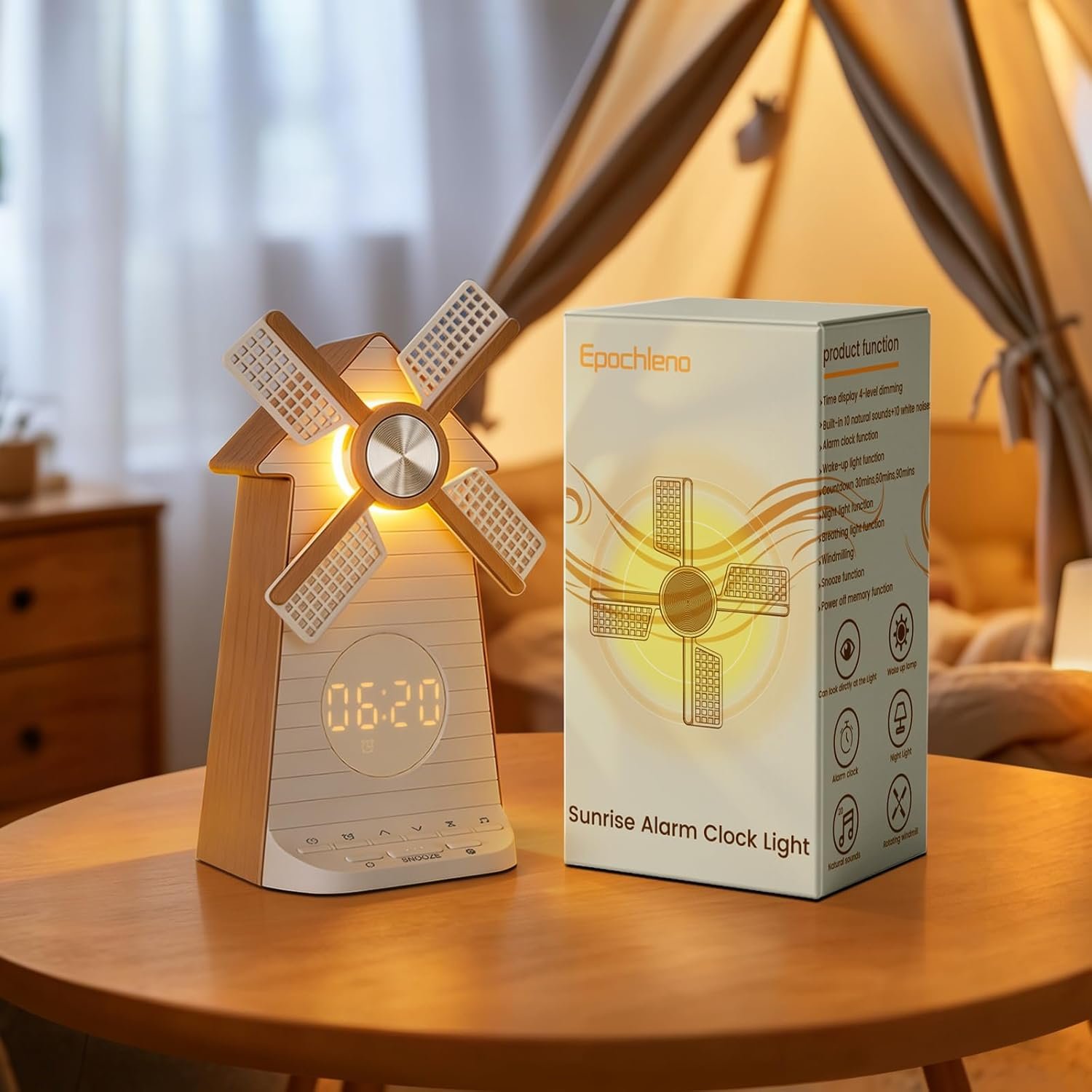 Sunrise Alarm Clock with Rotating Windmill, Easy Snooze Wake Up Light, 10 Natural Sounds & 10 White Noises, 4-Level Dimmer Bedside Night Light with 30/60/90 Min Timers, Sleep Aid Gift for Adults/Kids