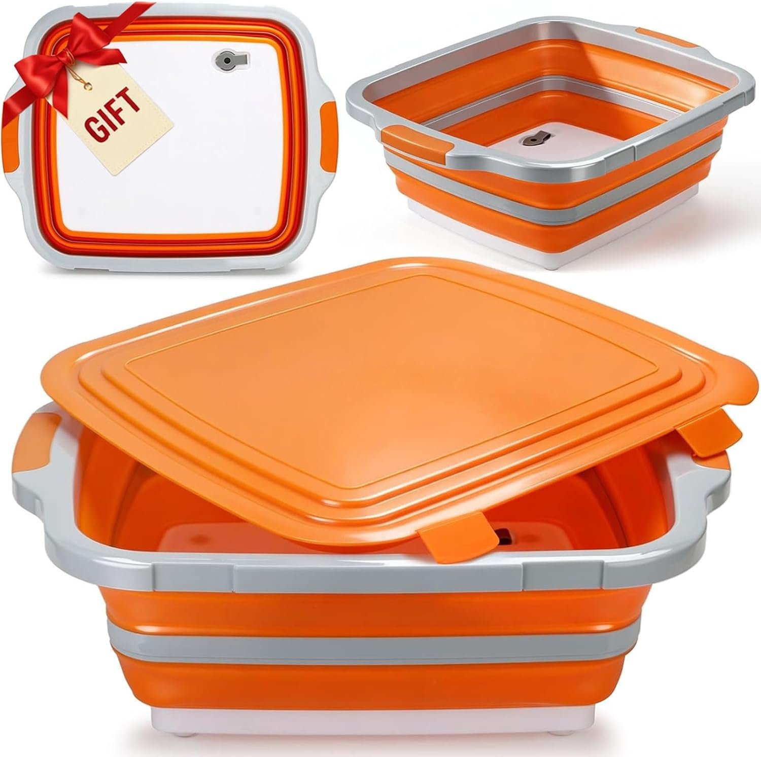 16L Collapsible BBQ Prep Tub with Locking Lid & Cutting Board – Marinade Container Grill Carry System for RV Picnic Tailgate – Portable Wash Basin for Kitchen Camping Sink – Gift for Men Women