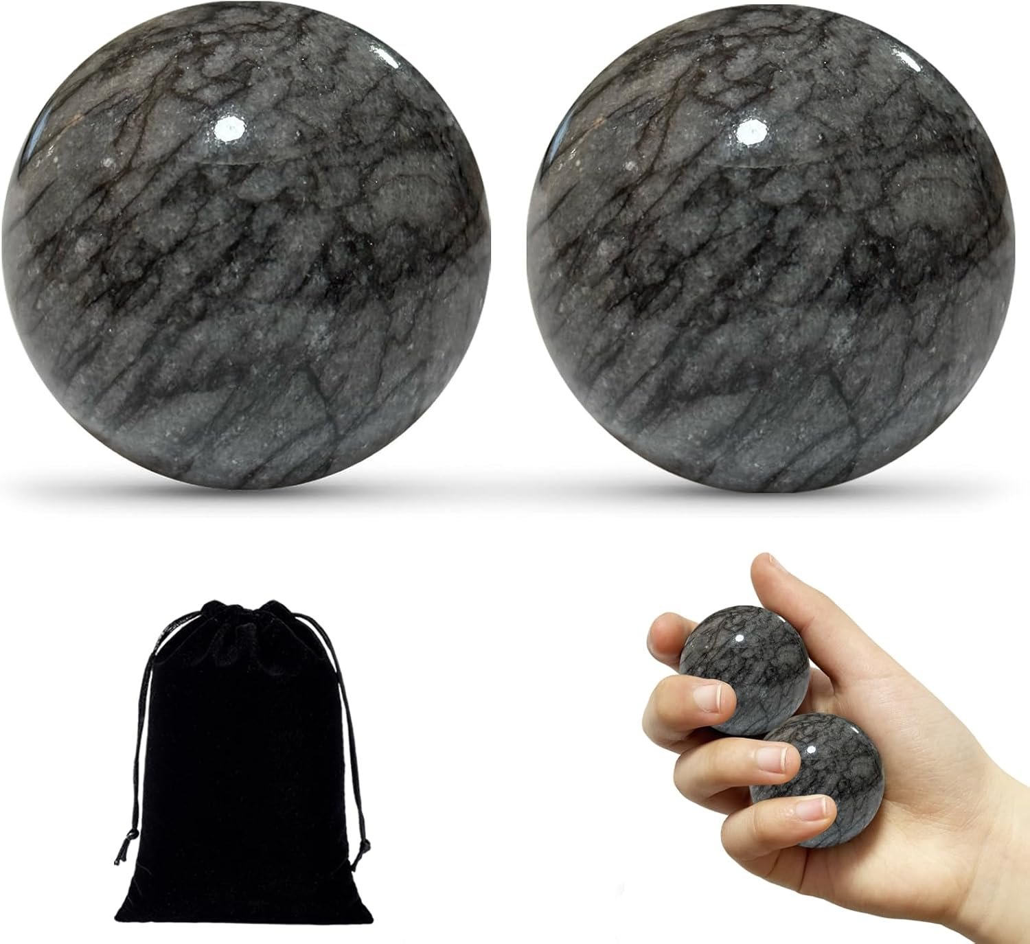 Baoding Balls Hand Therapy Balls, Dark Grey, 1.57 inch, 2 Pack | Stress Relief, Hand Exercise, Arthritis, Chinese Massage Ball Set, Storage Bag Included