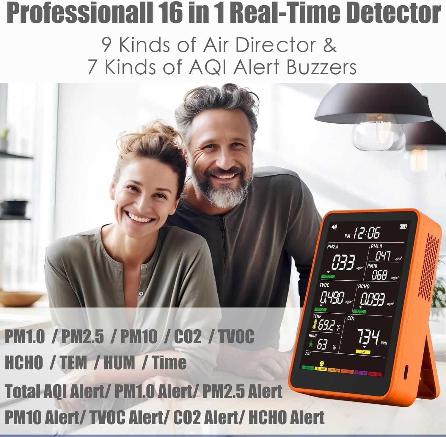Professional Indoor Air Quality Monitor with AQI Alerts, Portable Real-Time Detector for Home, Car, Plants & Pets (Dark Orange)