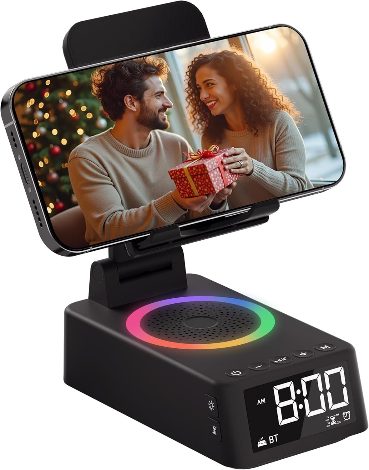 Cell Phone Stand with Bluetooth Speaker, White Noise Machine with 20 Soothing Sounds, Digital Alarm Clock for Bedroom, Bedside Desk Gadget, Gifts for Men Women, Dad, Teens, Cool Tech Gadgets