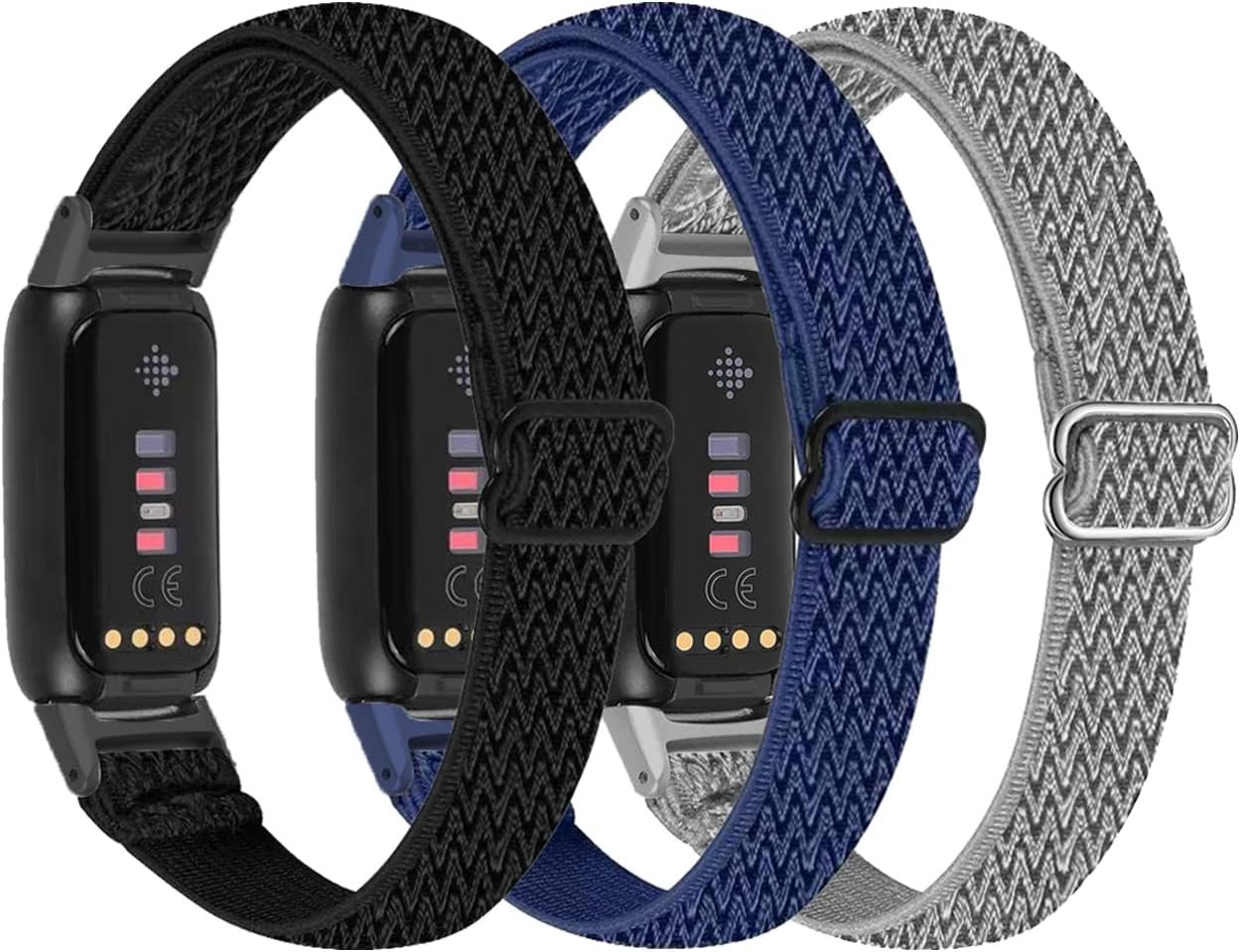 3 Pack Adjustable Elastic Bands & Lace Silicone Bands Compatible with Fitbit Luxe, Nylon Stretchy Sport Bands, Replacement Soft Breathable Fabric Straps & Slim Silicone Wristbands for Fitbit
