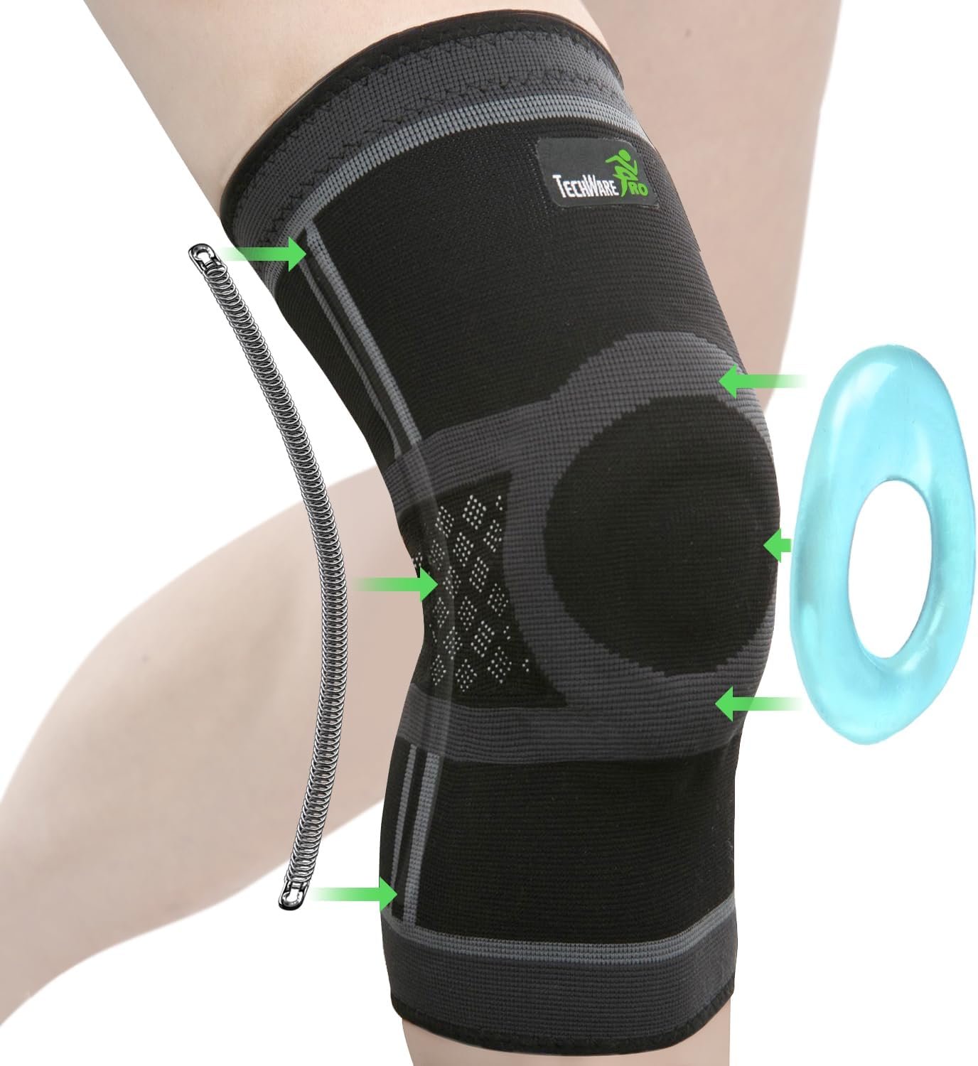 TechWare Pro Knee Brace for Women & Men – Knee Compression Sleeve for Knee Pain, Knee Support. Knee Brace for Meniscus Tear, ACL, and Arthritis with Side Stabilizers & Gel Pads. 5 Sizes Single Pack
