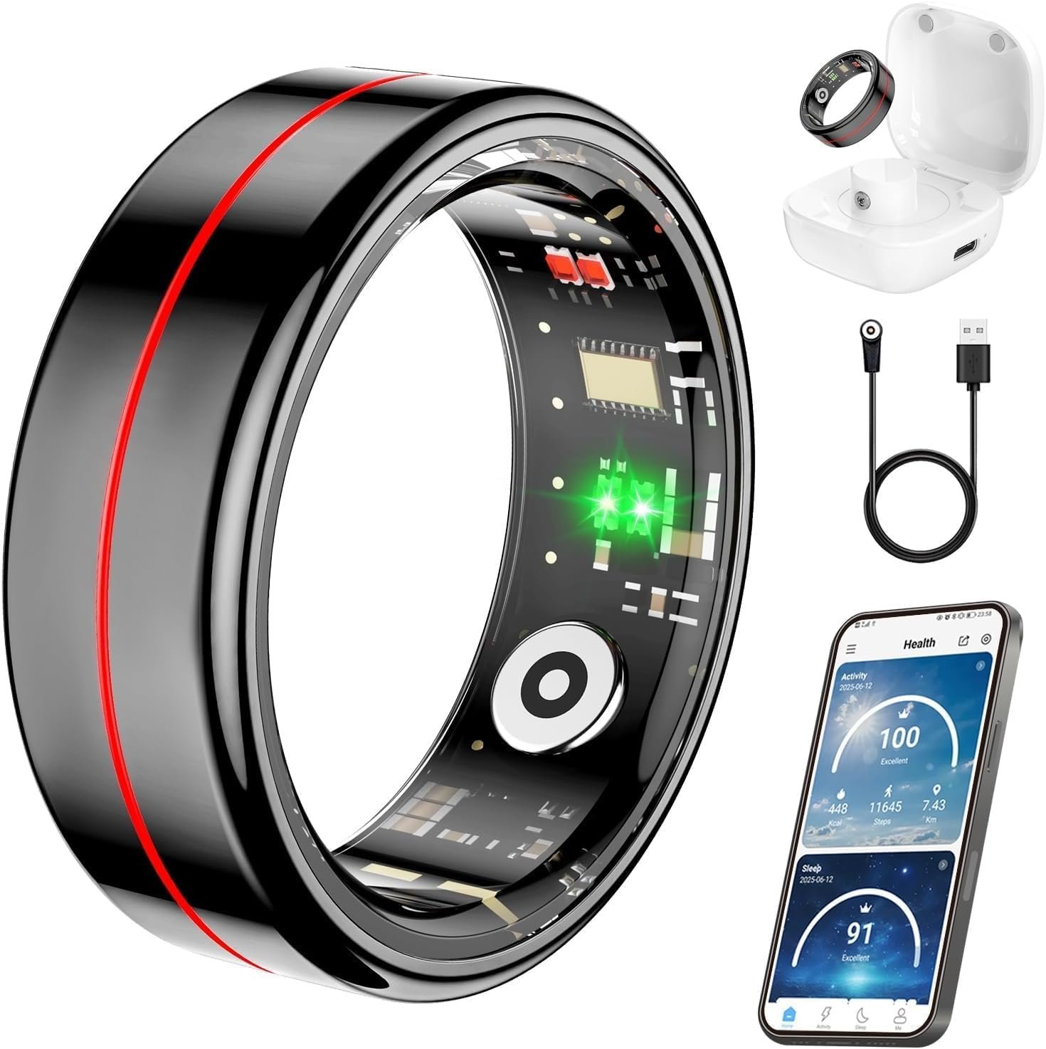 Fit Ring, Smart Health Rings for Women Men with Heart Rate,Blood Oxygen,HRV,Stress Level, Sleep Monitor, Step Tracker, No Subscription Fee, IP68 Waterproof Smart Ring for iphone &Android (Black, 12#)