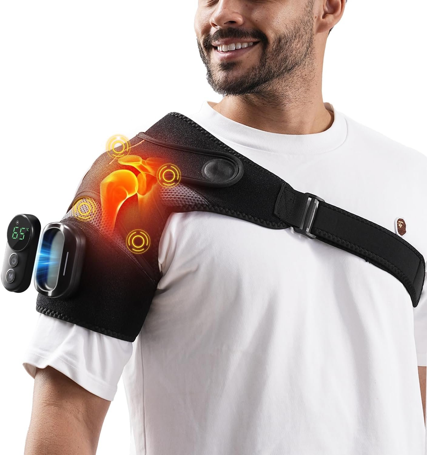 HOMRELEXA Cordless Shoulder Heating Pad with Magnetic Detachable Remote Control – Heated Massager Shoulder Wrap with 5 Vibration Modes & 5 Heating Levels, Gift for Men & Women, Black