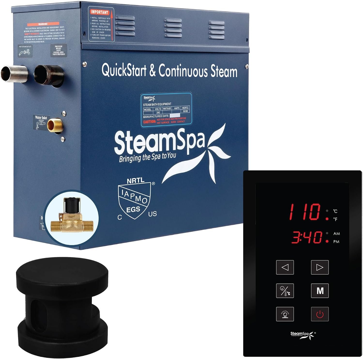 9kW Steam Sauna Generator Sentry Series 240V Steam Generator with Touch Screen, Steamhead, Built-in Steam Shower Auto Drain, ACU Quickstart Steam Bath Generator (Black)