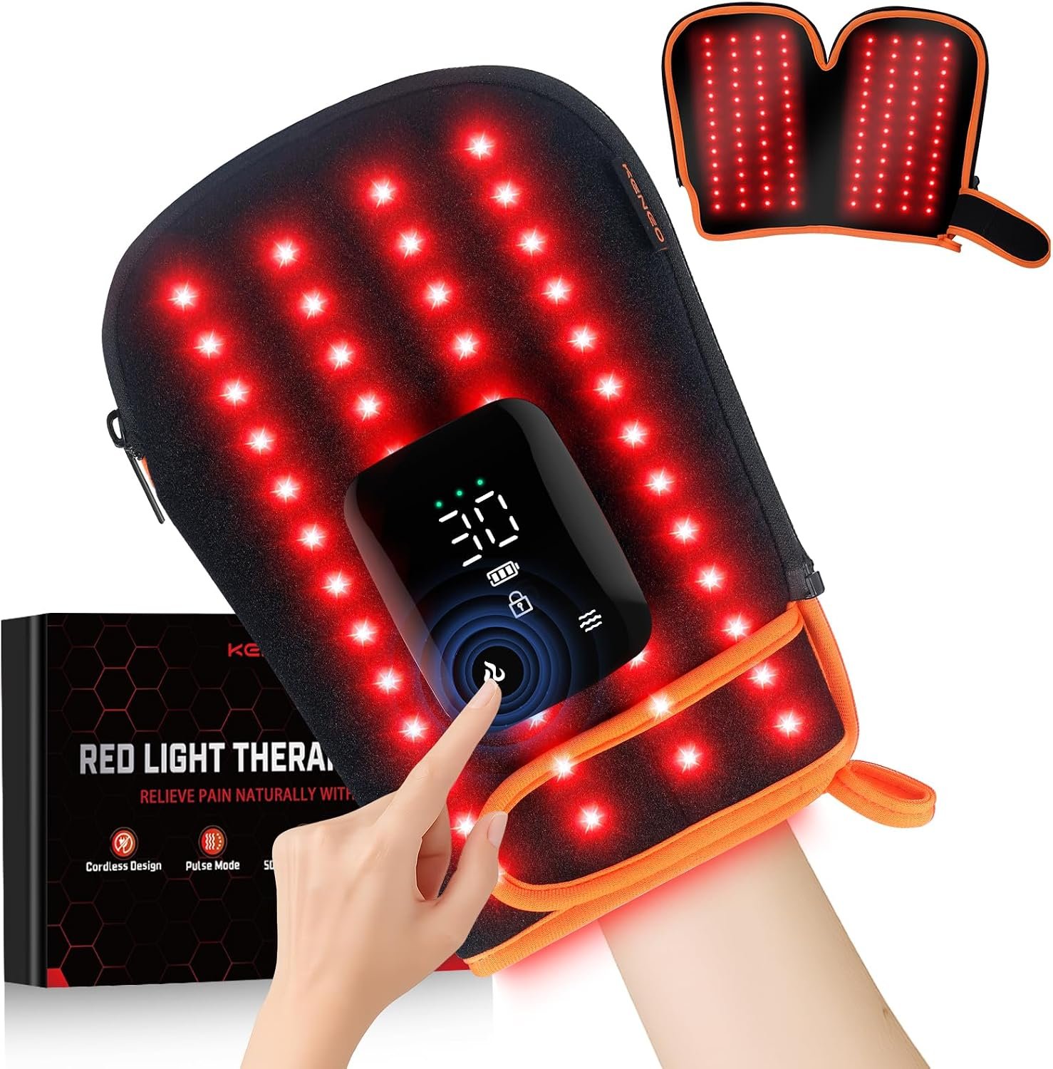 Red Light Therapy Gloves for Hands, 100LEDs Red & Near-Infrared, Dual Wavelength 660nm & 850nm, 5 Modes, Wireless, Rechargeable 5000mAh Battery, for Hand & Wrist Treatment （Orange）