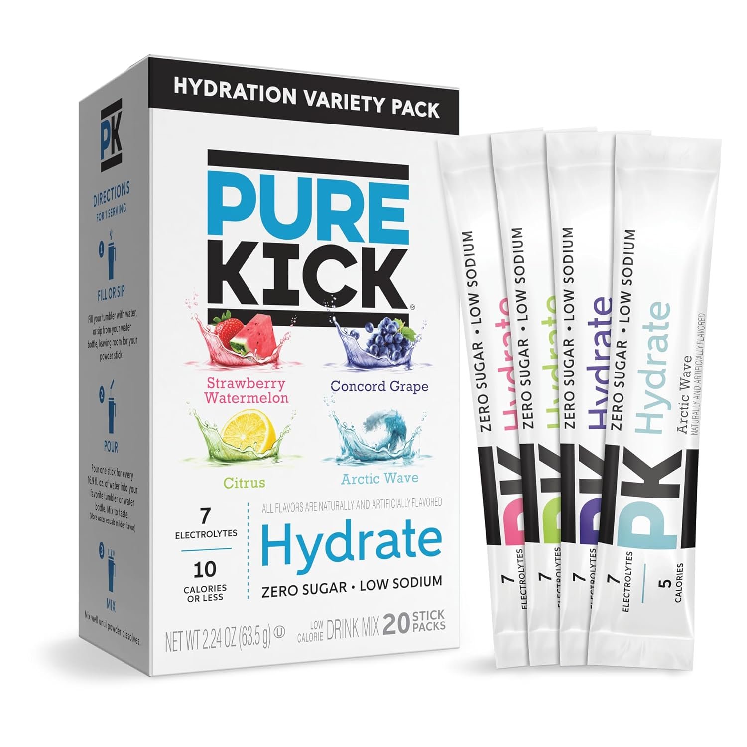 Pure Kick Hydration Variety Pack, Sugar-Free Electrolyte Drink Mix, Strawberry Watermelon, Citrus, Concord Grape & Arctic Wave, Zero Sugar, 5 Calories, 20 Single-Serve Sticks