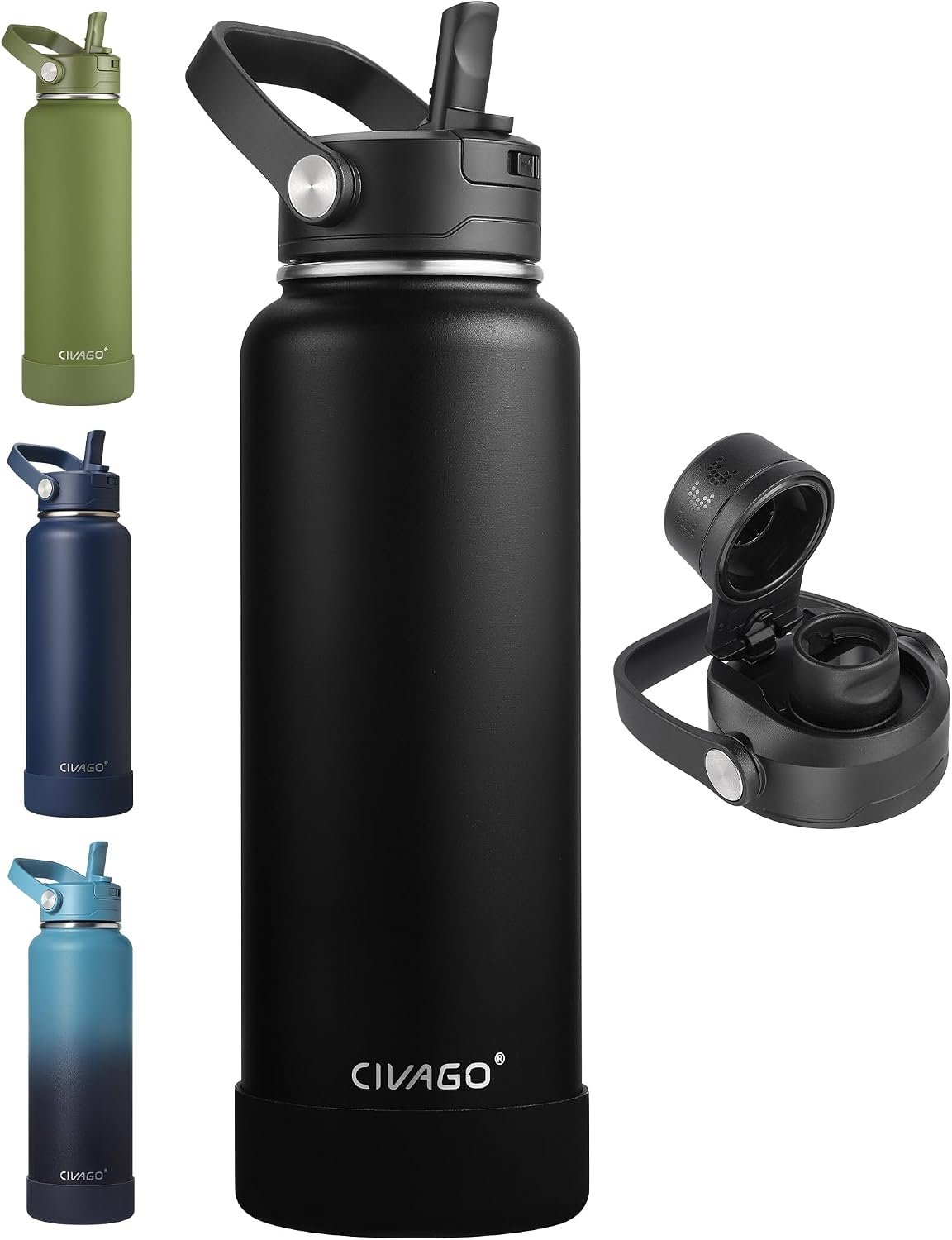 CIVAGO 40 oz Insulated Stainless Steel Water Bottle with Detachable Straw, Large Metal Water Jug with Bucket Handle, Leakproof Sports Water Flask with Silicone Boot for School, Dishwasher Safe, Black