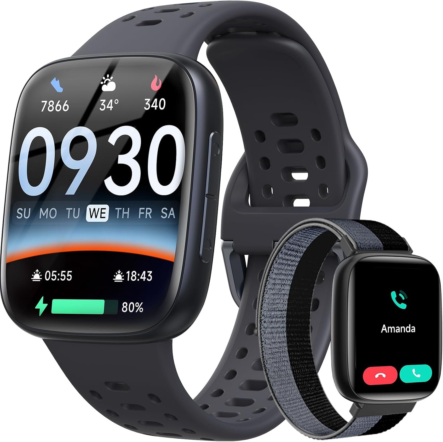 Smart Watches for Men (2 Bands), [1.85″ AMOLED Screen] Fitness Tracker Watch for Android/iPhone, 3ATM Waterproof, Bluetooth Calls, AI Control, Heart Rate/SpO2/Sleep Monitor, 7 Days Battery