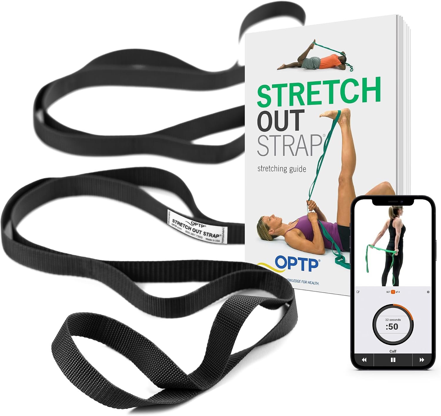 OPTP The Original Stretch Out Strap XL with Exercise Book, USA Made Stretch Out Straps for Physical Therapy, Yoga Stretching Strap or Knee Therapy Strap – Ten Loops, 7’5″ Strap