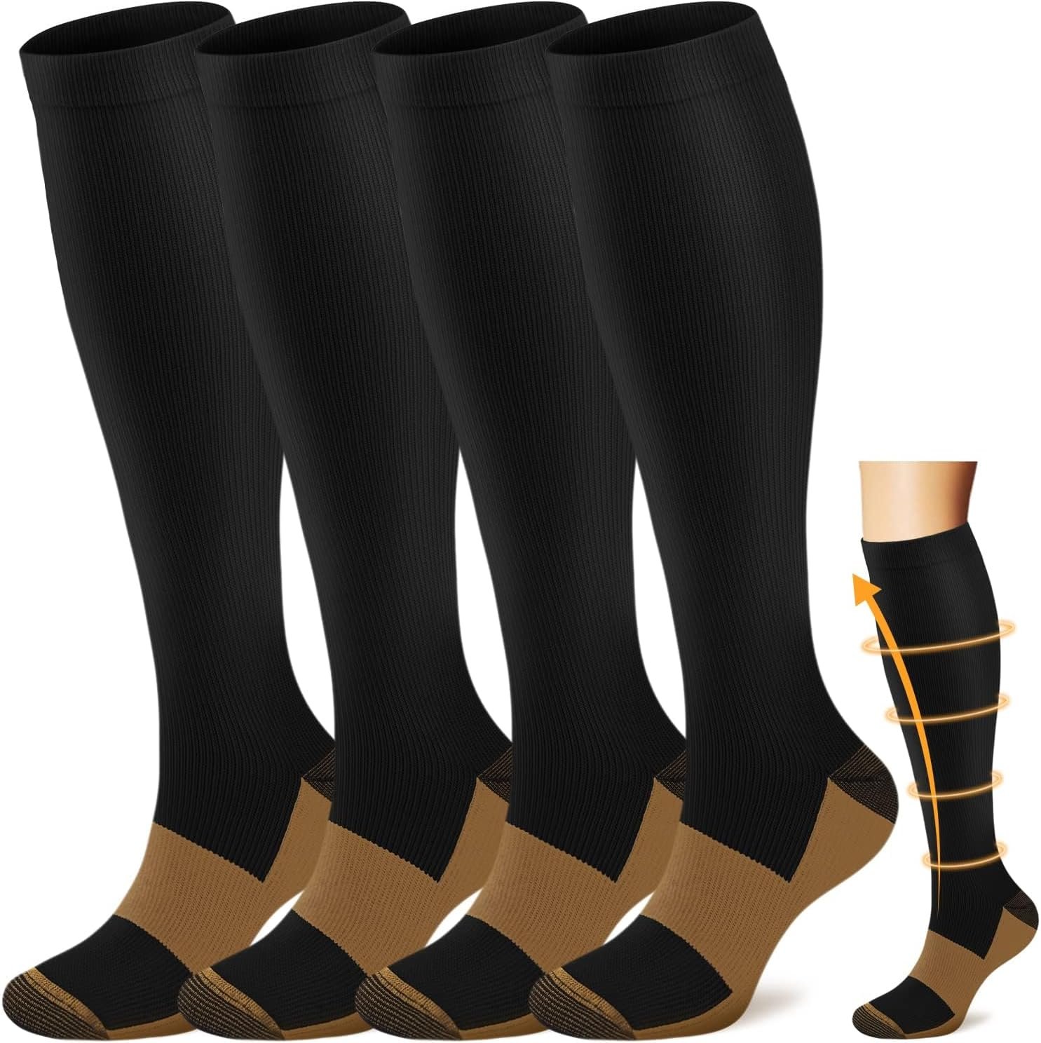 ACTINPUT Copper Compression Socks Men & Women 4 Pairs,Best Support for Nurses,Running,FLying,Athletic