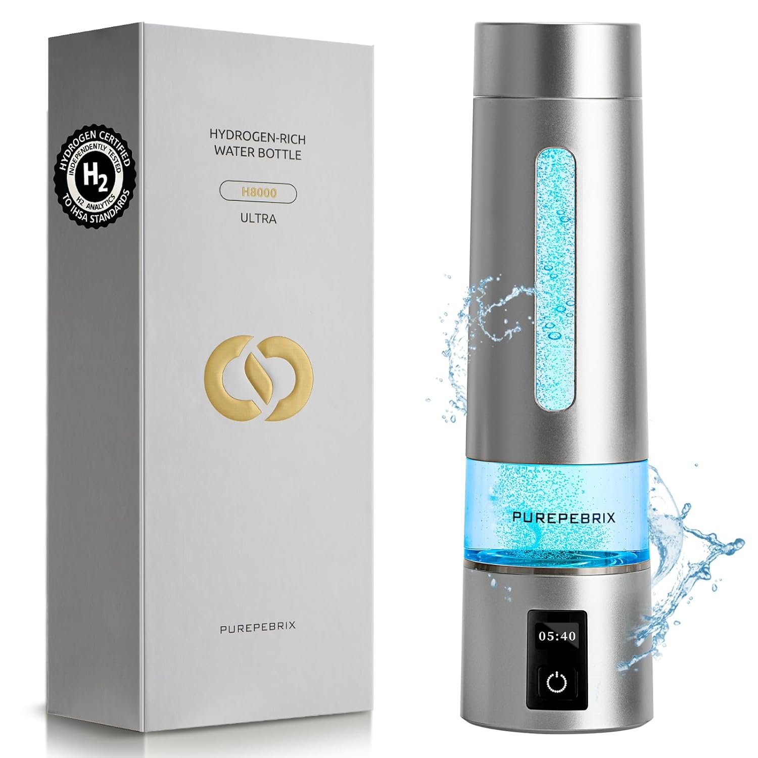 PUREPEBRIX Hydrogen Water Bottle Generator- 8100 PPB Molecular Hydrogen | 12-Hour Hydrogen Retention | IHSA Certified SPE/PEM Tech | Portable Hydrogen Bottle | Healthy Gift (Platinum)