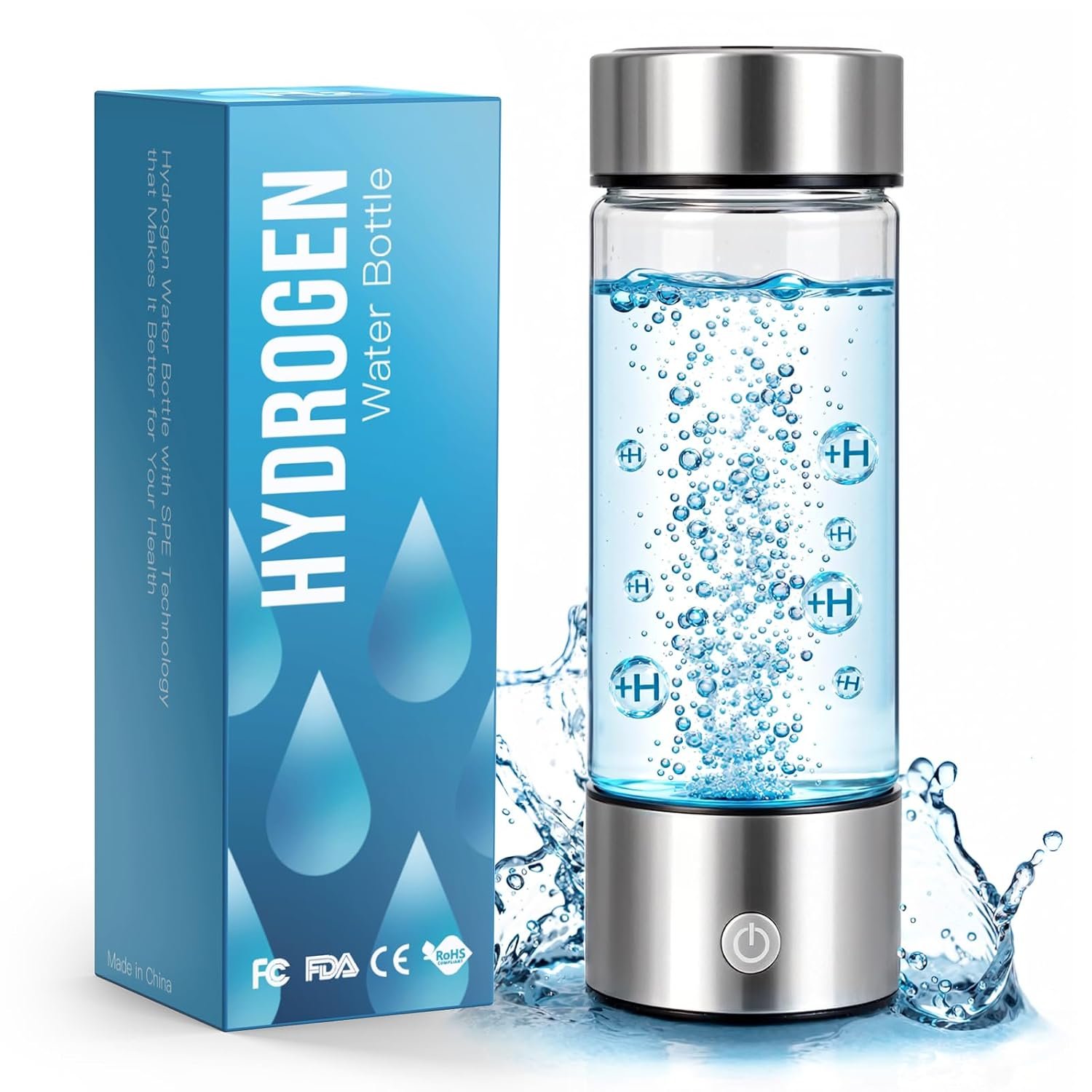 Hydrogen Water Bottle Generator, Up to 4000 PPB in 3 Mins with SPE PEM Tech, 16oz Portable Glass Hydrogen Water Maker for Travel, Office & Fitness, Leak-Proof Health Gift, Silver