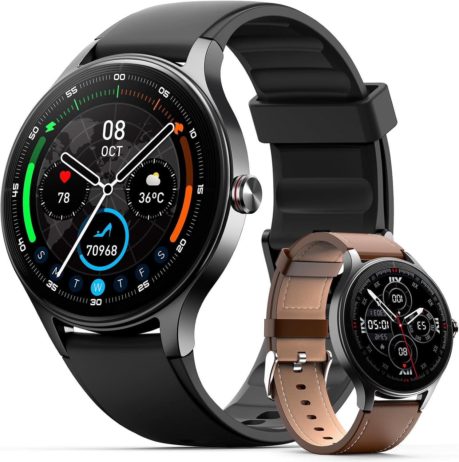 Woneligo Smart Watch for Men Women,1.57inch AMOLED Touchscreen Fitness Watch for iPhone & Android,Heart Rate/Sp02/Sleep Monitor,110+ Sport Modes IP68 Waterproof Bluetooth Calls,2 Bands (Black, 1.57)