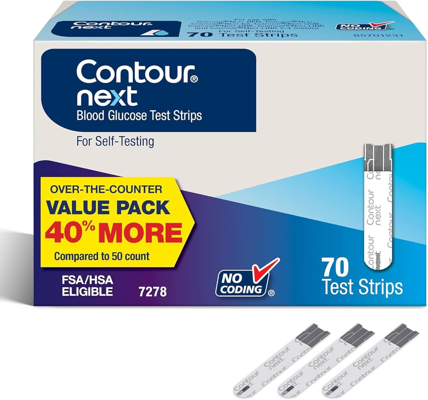 Ascensia Contour Next Blood Glucose Test Strips for Diabetes – 70 Count (1 Pack) – Accurate, No Coding, Second-Chance Sampling, Compatible with All Contour Next Meters for Easy Blood Sugar Testing