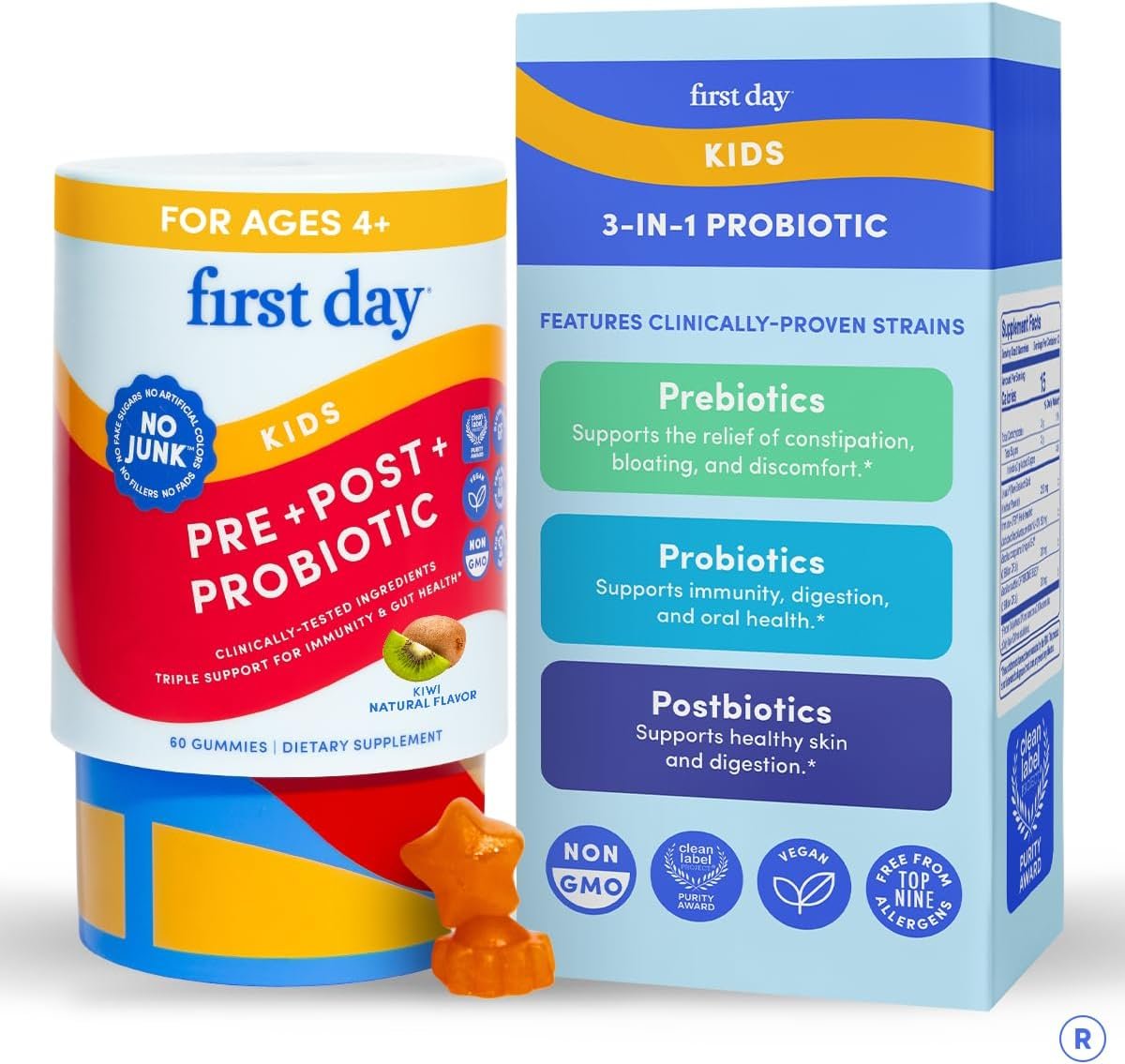 FIRST DAY Kids Probiotic Gummies – 3 in 1 Probiotics for Kids + Prebiotic & Postbiotic – Prebiotics & Probiotics for Digestive Health & Immune Support – Vegan, Gluten Free, 30-Day Supply, Bottle