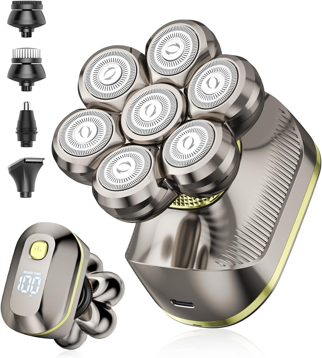 7D Electric Head Shavers for Bald Men, Waterproof Wet & Dry Electric Razor, 5-in-1 Grooming Kit for Home & Travel, Head Shaver with LED Display, 120 Min, Great Gift for Men-Steel Gold