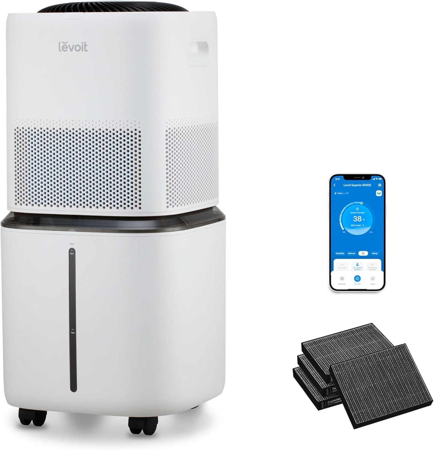 LEVOIT Evaporative Humidifiers for Home Whole House, 23L Superior 6000S | Up to 3000ft2, Last 72H, No White Dust, Tap Water Friendly, Auto Mode, Easy to Clean & Move, Foldable Storage, Smart Control
