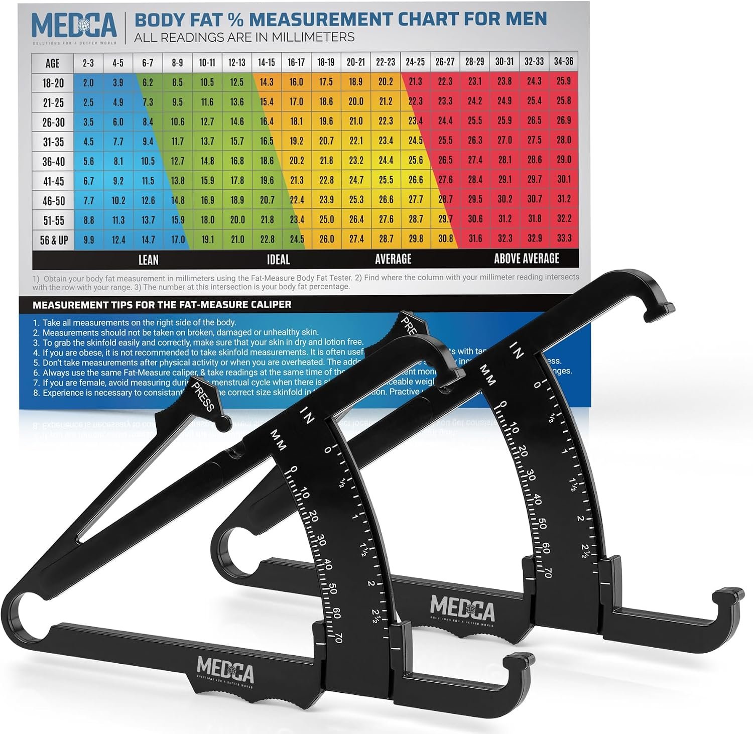 Skinfold Body Fat Caliper – Skin Fold Body Fat Analyzer and Handheld BMI Measurement Tool Skinfold Caliper Device Measures Body Fat for Men and Women by MEDca – (Pack of 2, Black)