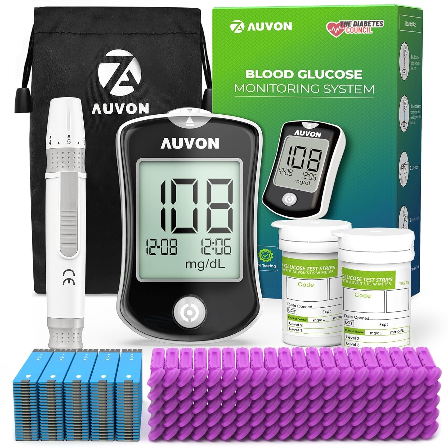 AUVON Blood Glucose Monitor Kit for Accurate Test, 100 Strips, No Coding | Diabetes Testing Kit with 100 Glucometer Strips, 100 30G Lancets and Lancing Devices, DS-W Portable Sugar Test Kit