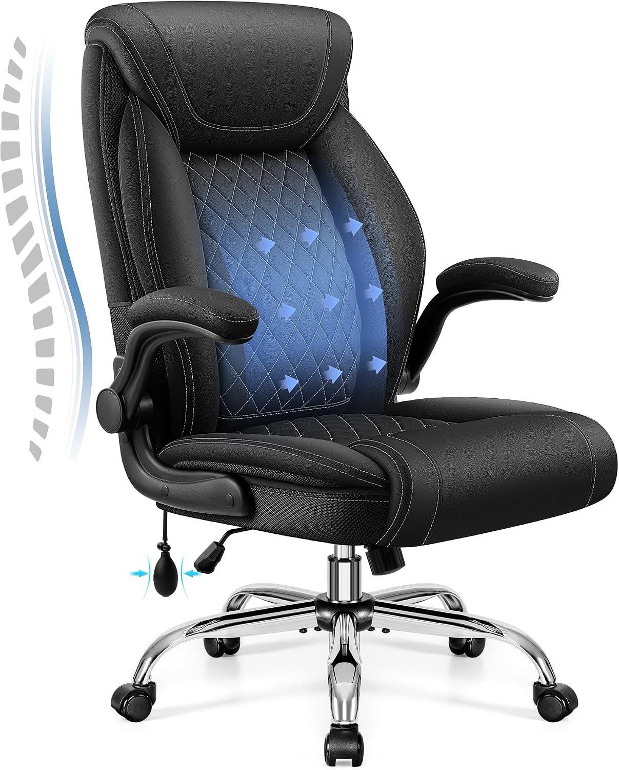 BestGlory Executive Office Chair with Lumbar Support, Big and Tall Ergonomic Computer Desk Chair, Leather Comfy High Back Gaming Chair with Flip Up Arms & Rocking Function for Home Office, Black