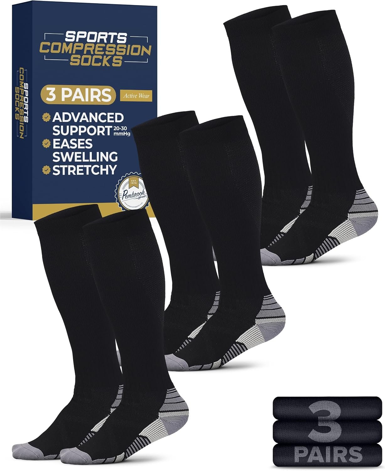Pembrook 3 Pairs Compression Socks 20-30 mmHg – Compression Socks for Women and Men | Running, Athletic, Travel, Nurses