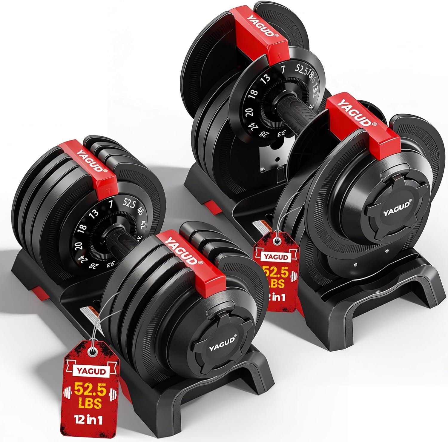 Yagud Adjustable Dumbbell Set, 52.5/90 lbs Weights Dumbbells, 1 Hand Rotation, Safety Lock System, Anti-Slip Textured Handle, Space-Saving Dumbbell Set for Full-Body Home Gym