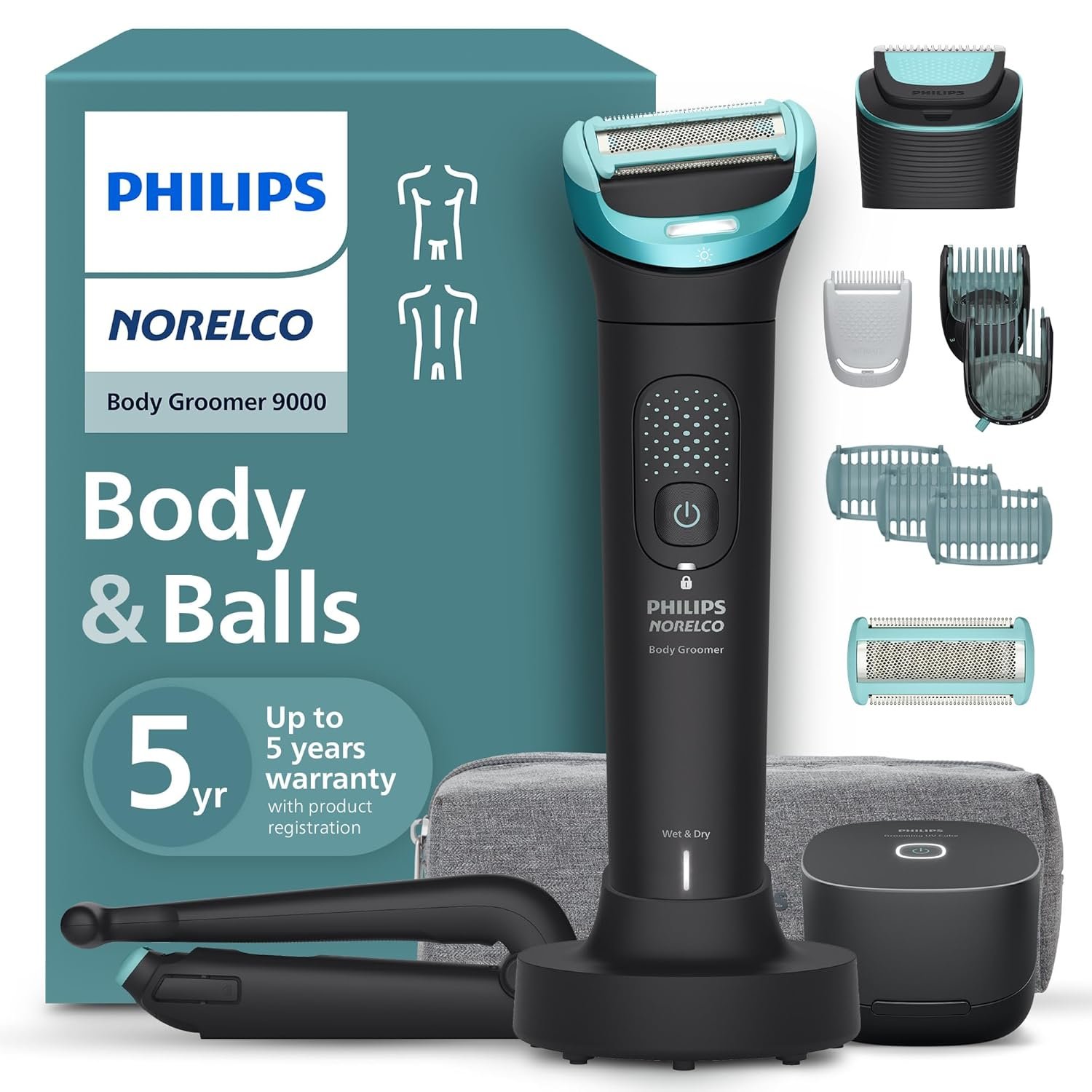 Philips Norelco Body Groomer 9000 Series, Intimate Trimmer for Bi-directional Use & Waterproof Wet Dry Body Shaver System with Foldable Back Attachment & UV Cube Cleaner, BG9485/50