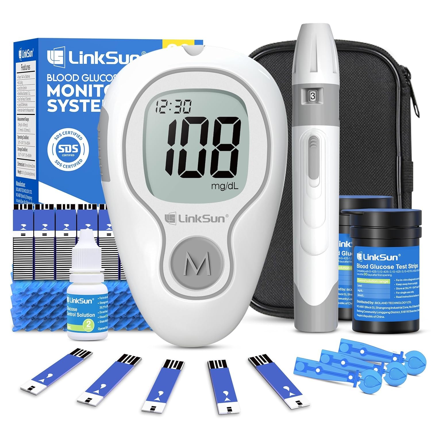 LinkSun G-425-3 Blood Glucose Monitor Kit, 100 Test Strips, 100 Lancets, 1 Blood Sugar Monitor, 1 Control Solution, 1 Lancing Device, Diabetes Testing Kit, No Coding, Large Display, Glucometer for Home Use
