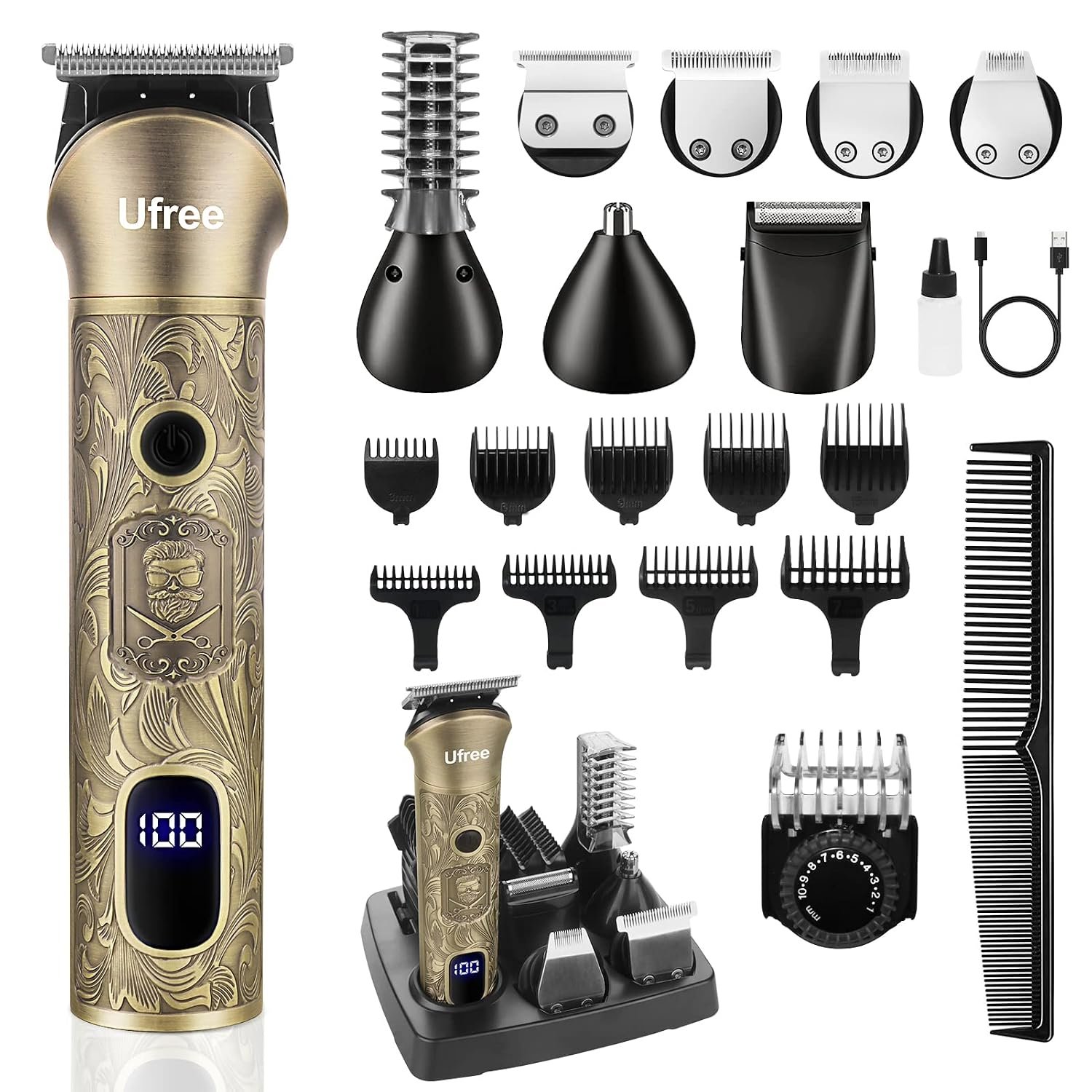 Ufree Beard Trimmer for Men, Electric Razor Shaver, Cordless Hair Clipper Shaving Kit for Mustache Body Nose Ear Hair Facial, Adjustable Beard Grooming Kit Father Birthday Gifts for Men Husband Dad