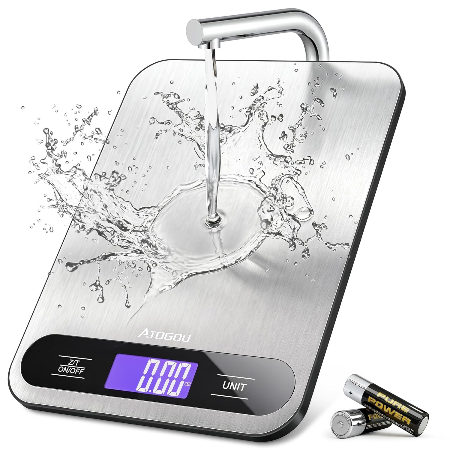 Atogou Food Scale, 33lb/ 15kg Digital Kitchen Scale with Full View LCD Display, Durable Stainless Steel Surface, for Cooking, Baking, Meal Prep Black