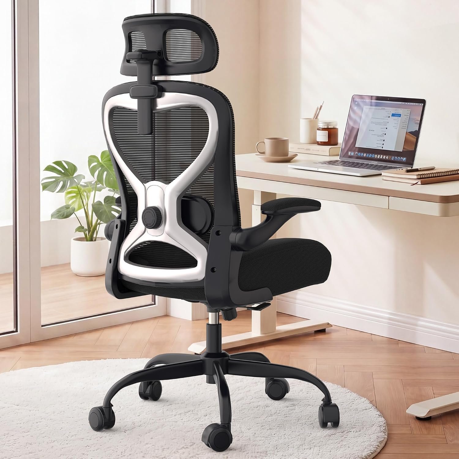 Home Office Desk Chairs, Ergonomic Office Chair with Lumbar Support & 3D Headrest, Computer Desk Chair with Flip-up Armrests, Perfect for Office or Study, Black/Silver