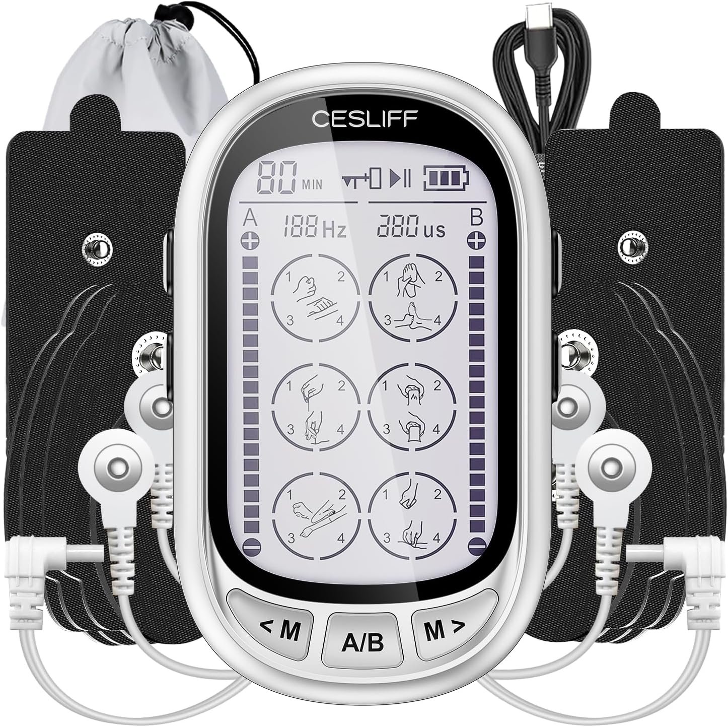 CESLIFF Dual Channel TENS EMS Unit Large Screen 24 Modes 36 Levels Intensity Muscle Stimulator, Rechargeable Electric Pulse Massager TENS Machine for Lower Back Neck Shoulder Pain Relief with 10 Pads