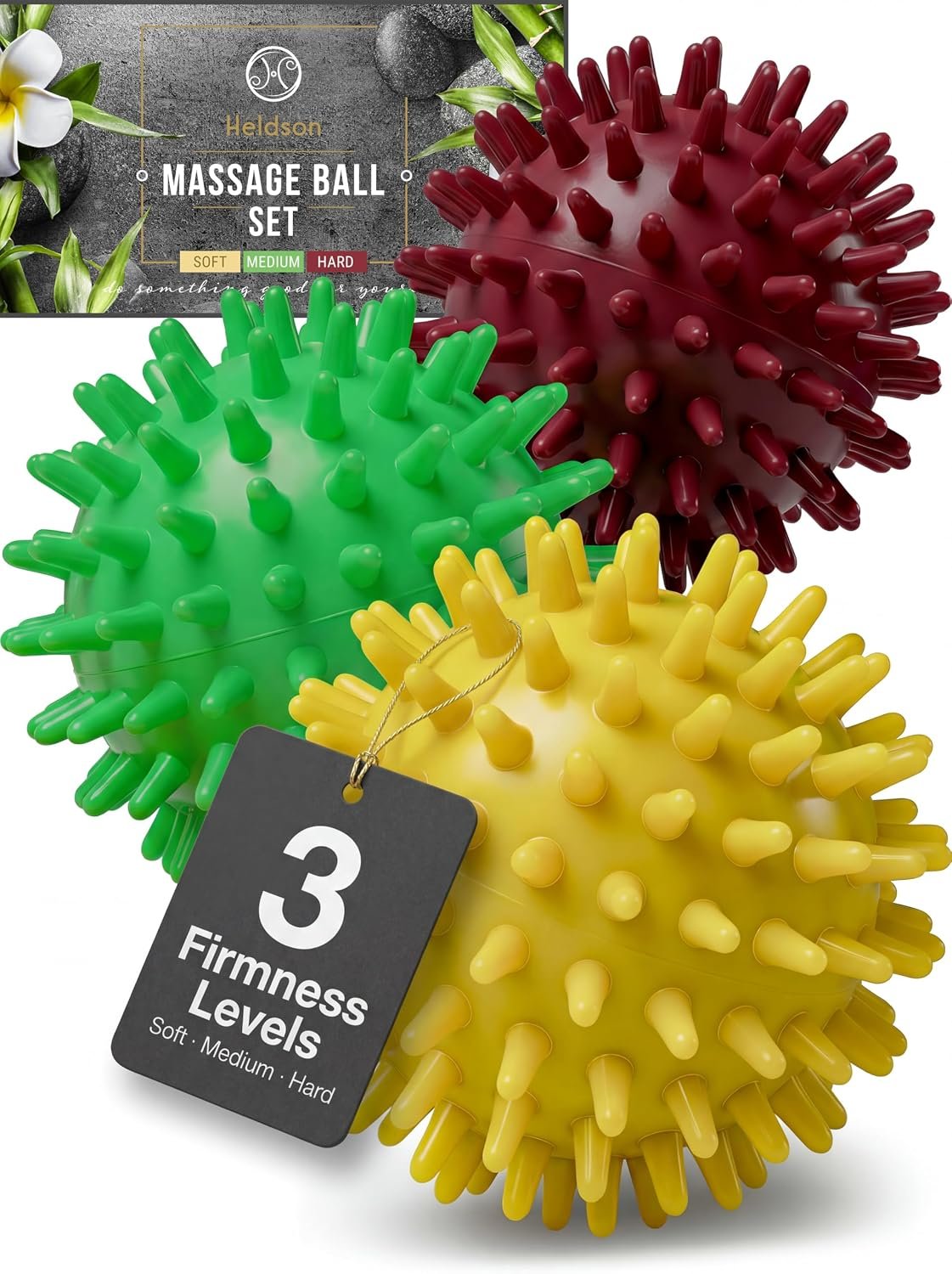 HELDSON® 3 Spiky Massage Balls Set [Soft, Medium, Hard] – Foot Roller Massager Spikes – Spike Trigger Point Ball for Back Pain Relief & Feet – Plantar Fasciitis Deep Tissue Therapy – Spikey Pressure