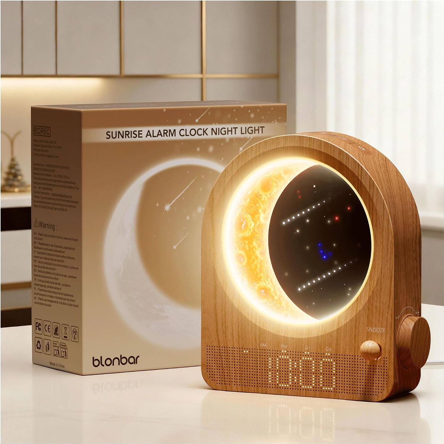 blonbar Sunrise Alarm Clocks with Dimmable Moon Lamp, 2 Alarm Clocks with 12Levels Volume for Heavy Sleepers, 10 Natural Sounds with 30/60/90mins Timer for Bedrooms, Gifts for Women (brown woodgrain).