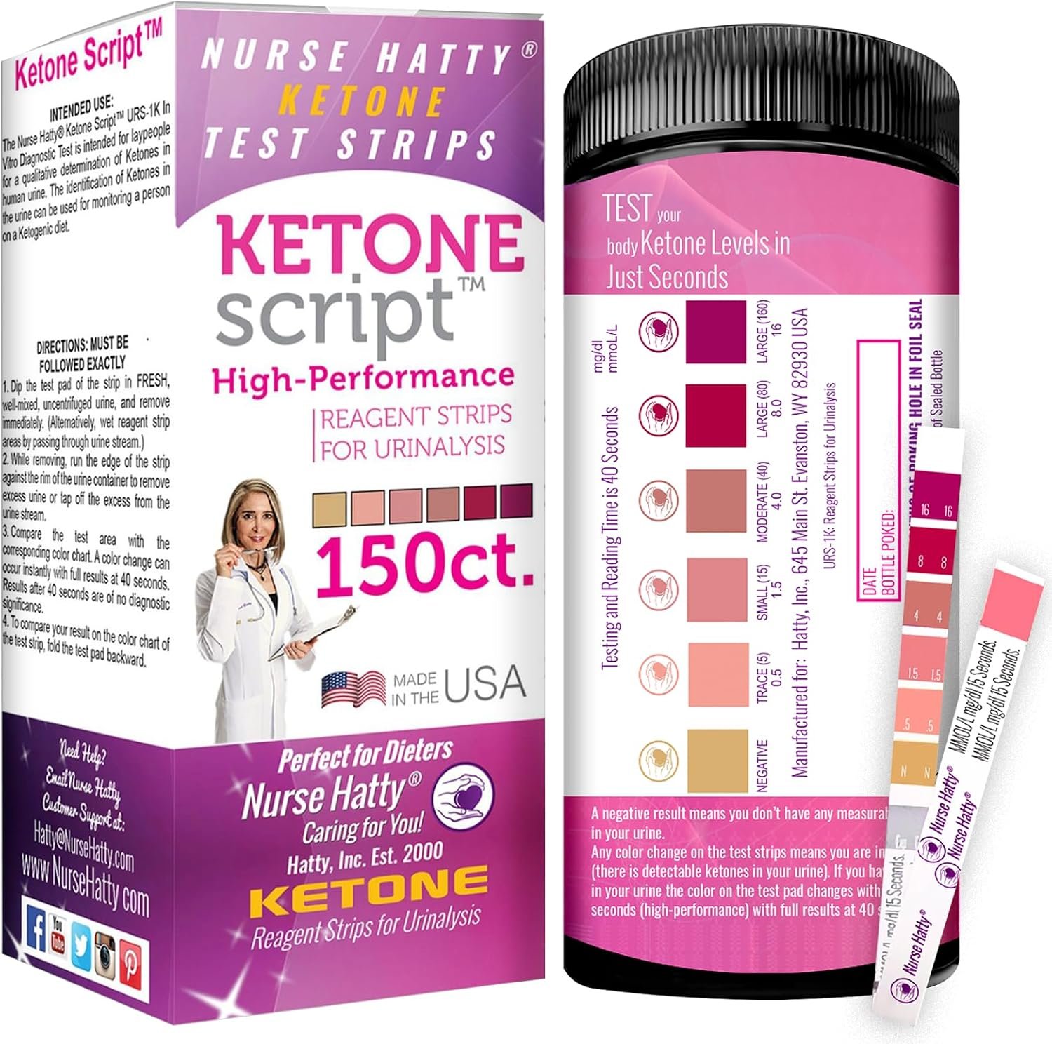 Nurse Hatty 150 – The ORIGINAL – PERFORMANCE-TESTED – USA-made Ketone Test Strip w Built-in Color Chart – Free Keto eBook & App – Urine Test for Ketogenic, Ketosis, Low Carb, Atkins & Paleo Diets – XL