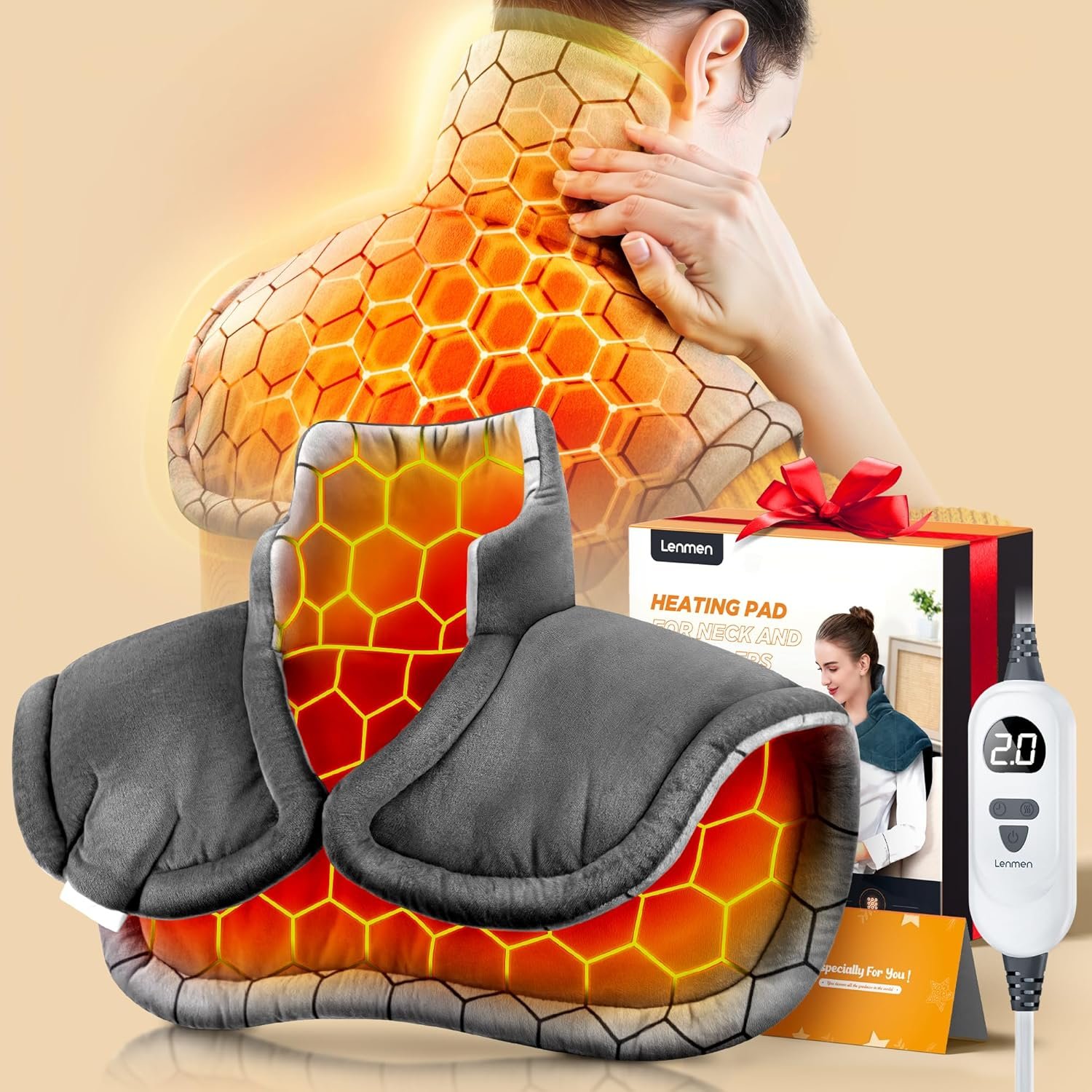 Graphene-Infused 1Min Fast Heating Pad, Deeper Muscle Relief Weighted Heating Pads for Neck and Shoulders and Back, Heated Wrap with 6 Heat Options 4 Auto Timer, Surprise for Men Women Mom Christmas