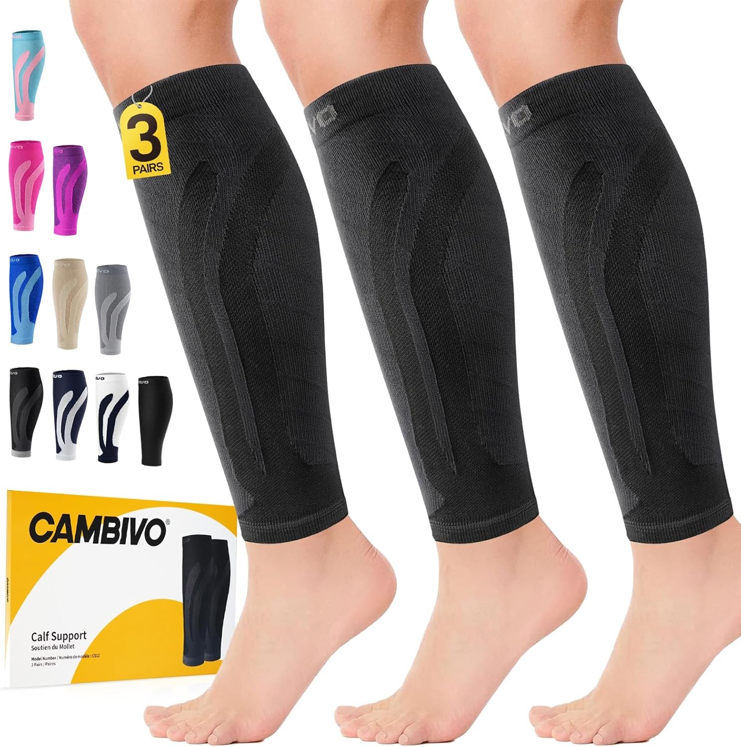 CAMBIVO 3 Pairs Calf Compression Sleeve for Women Men – Footless Shin Splint Compression Sleeves, 15-20mmHg Graduated Compression Leg Brace for Running, Cycling, Shin Splint Relief, Varicose Veins, Nurse, Travel
