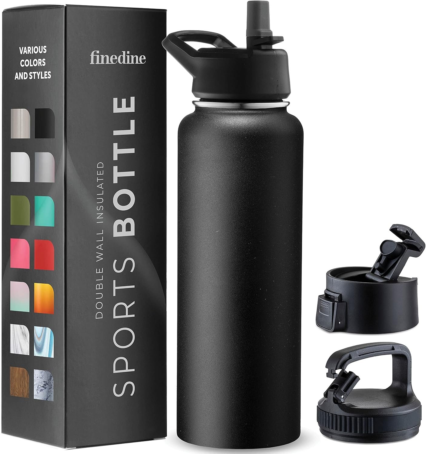 FineDine 25 Oz Insulated Water Bottle with Straw – Triple Walled Stainless Steel Metal Bottle W/ 3 Leak Proof Lids – For Travel, School, Sports, Gym/Men, Women & Kids – Inky Raven Black