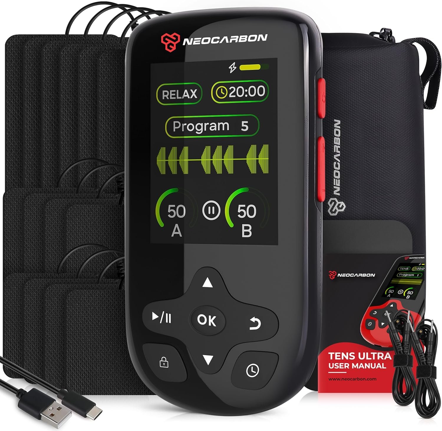 NEOCARBON TENS Unit Muscle Stimulator Ultra for Pain Relief & Recovery, TENS Machine with PMS Steady Mode, Dual Channel Stim Machine for Muscle Therapy, Black