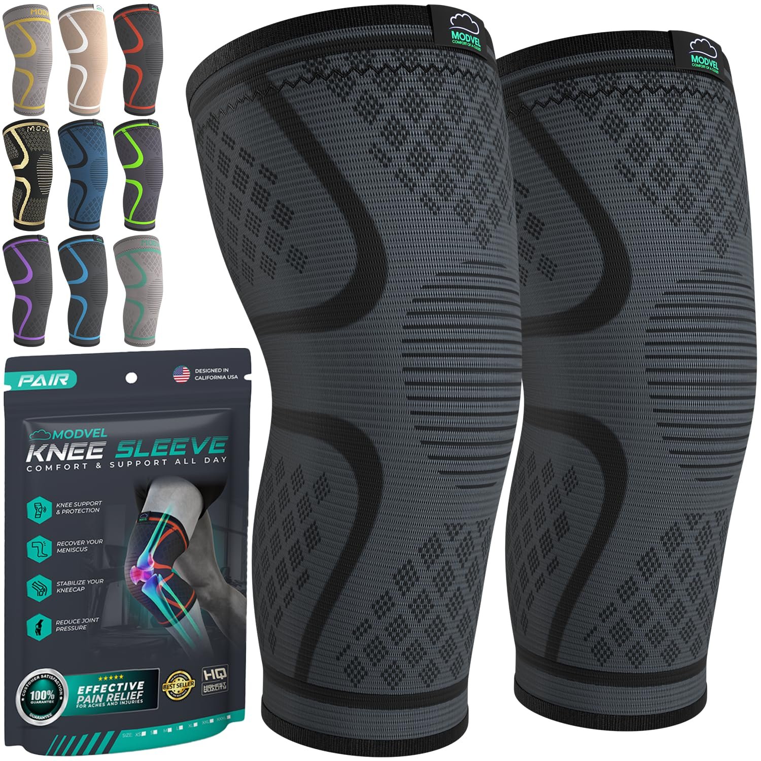 Modvel Compression Knee Brace for Women & Men – 2 Pack Knee Brace for Women Running Knee Pain, Knee Support Compression Sleeve, Workout Sports Knee Braces for Meniscus Tear ACL & Arthritis Pain Relief