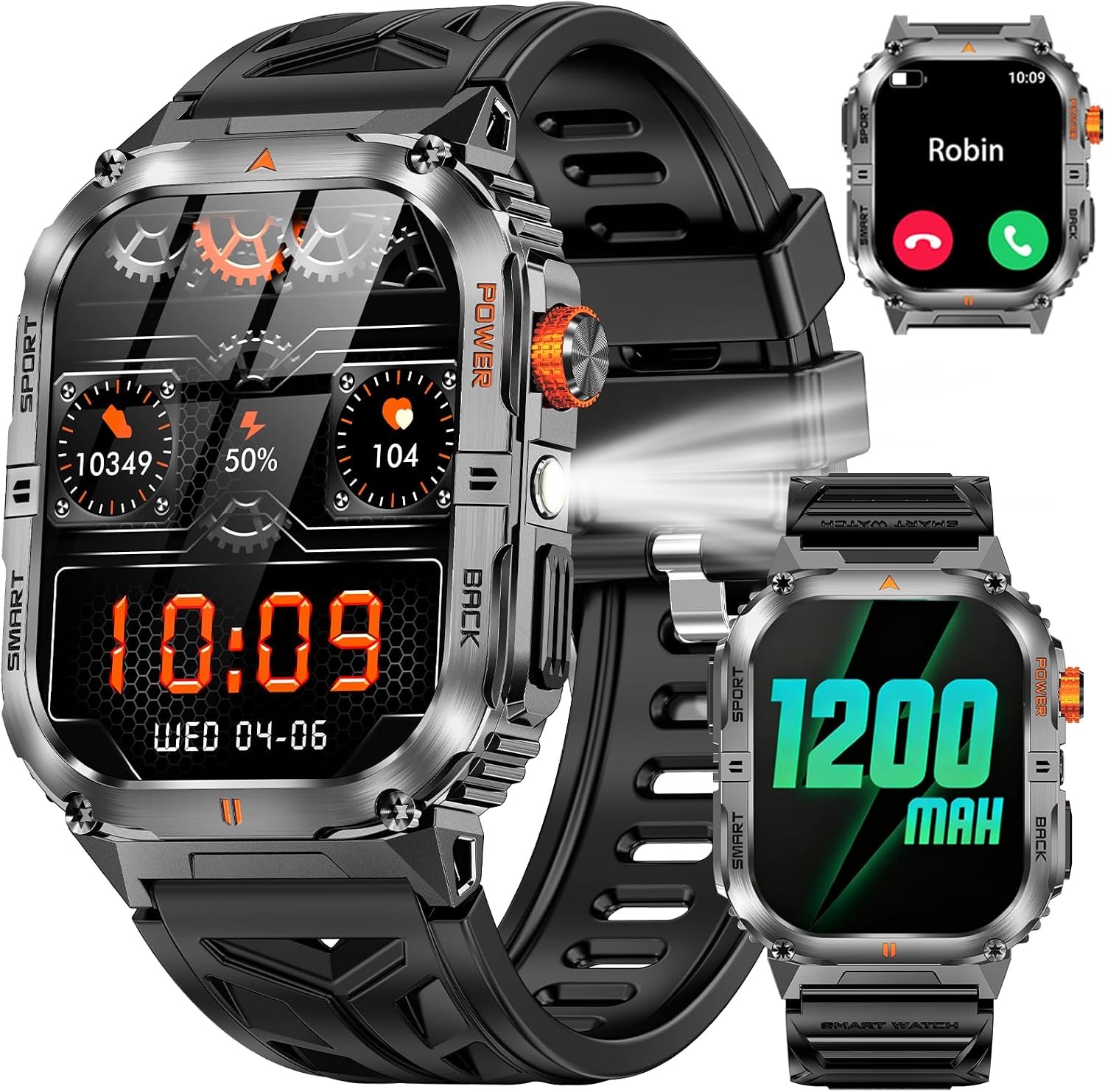 Military Smart Watch for Men, 2.01″ Smartwatch with 1200mAh Battery, Flashlight, Answer/Make Calls, Heart Rate/Sleep Monitor 100+ Sport Modes Fitness Tracker for Android/iPhone (Black 03)