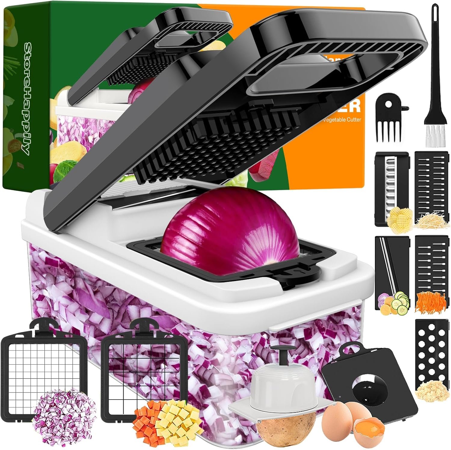 StoreHappily 12-in-1 Vegetable Chopper, 7 Blades Veggie Chopper with Container and Lid, Dicer, Slicer, Multifunctional Kitchen Gadgets, Vegetable Cutter with Handle, Onion Cutter(Black/White)